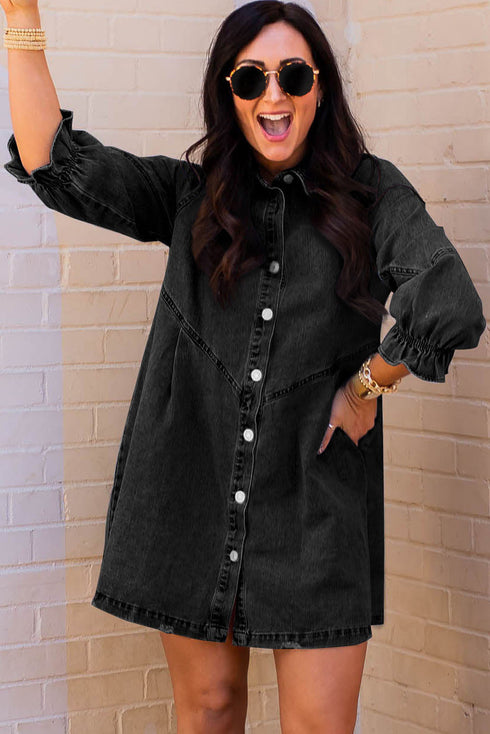 Buttoned Long Sleeve Denim Mini Dress